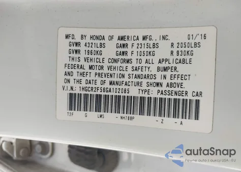 2016 Honda Accord Sport z USA, uszkodzony, nr VIN 1HGCR2F56GA102085